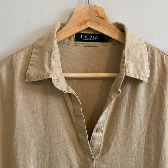 Ralph Lauren 100% Linen Shirt Dress Khaki Midi Safari Old Money Logo Buttons - Picture 2 of 11